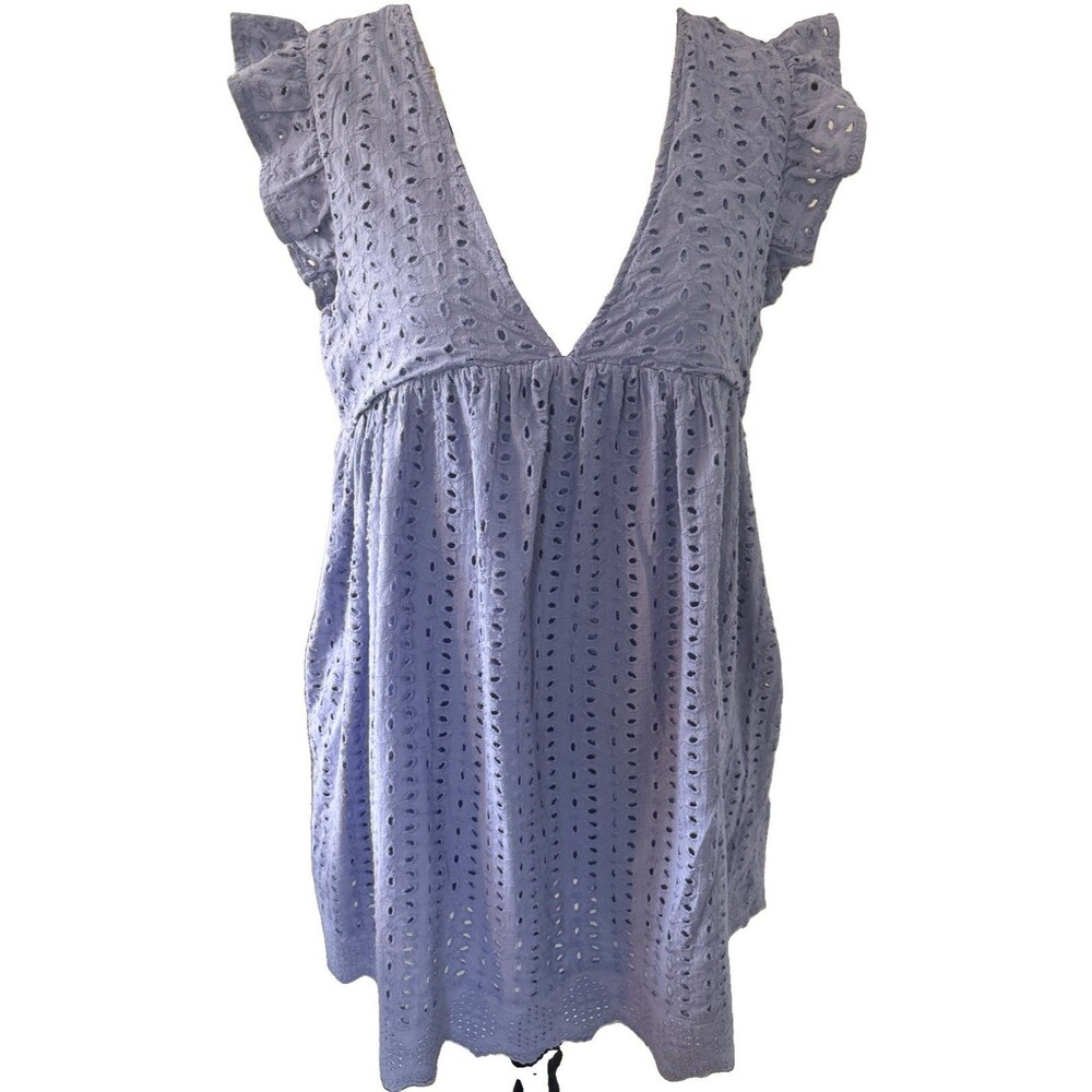 American Threads Purple Eyelet Dress/Jumper Size M Ruffle Sleeve Deep V Neck